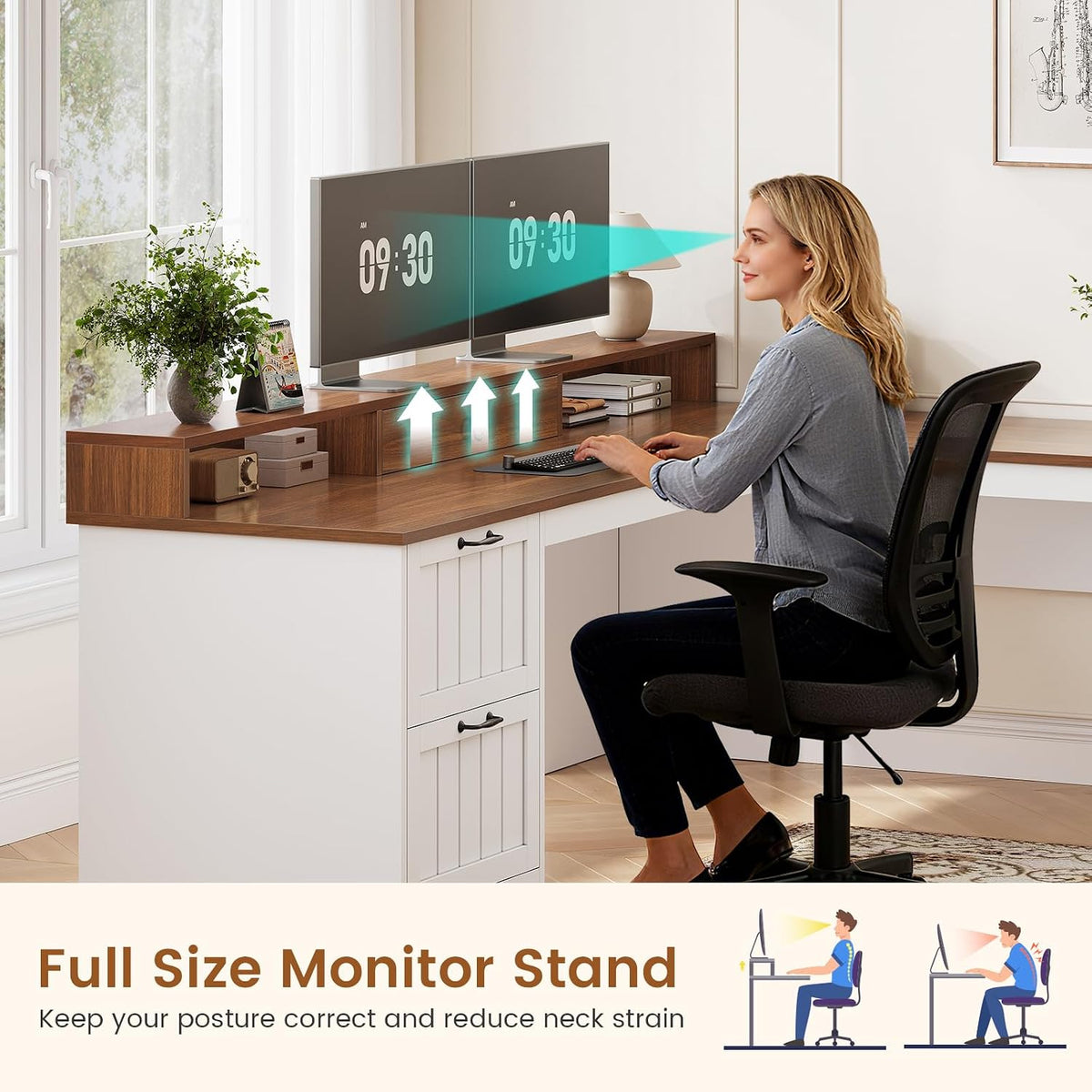 SEDETA Farmhouse 63" L Shaped Desk with Drawers and Storage Cabinet