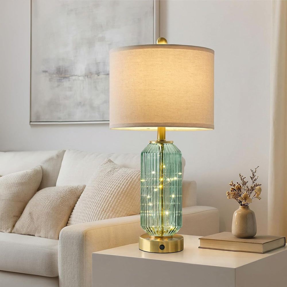 Oneach 24.5" Bedside Table Lamps Set of 2, Green Glass Nightstand Lamps ...