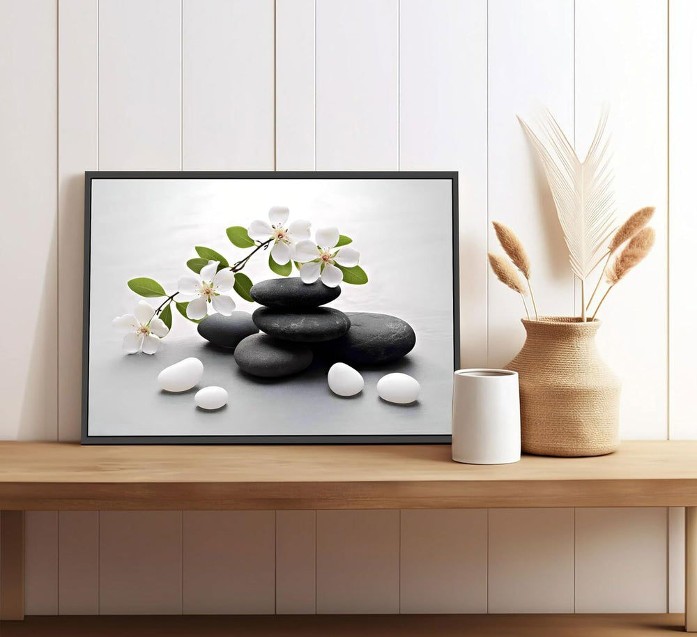 Framed Zen Stone Flower Canvas Wall Art Orchid Flower Black White Zen Stone P...