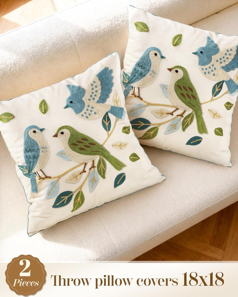 Animal Embroidered Throw Pillow Covers 18x18 Inch, Birds Leaves