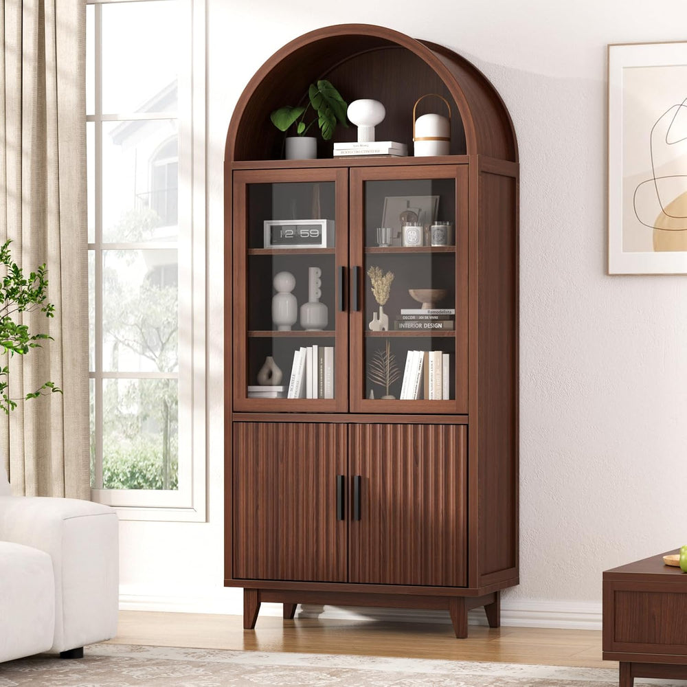 Arched Cabinet with Glass Doors, Fluted Pantry Cabinet with Solid Wood Legs