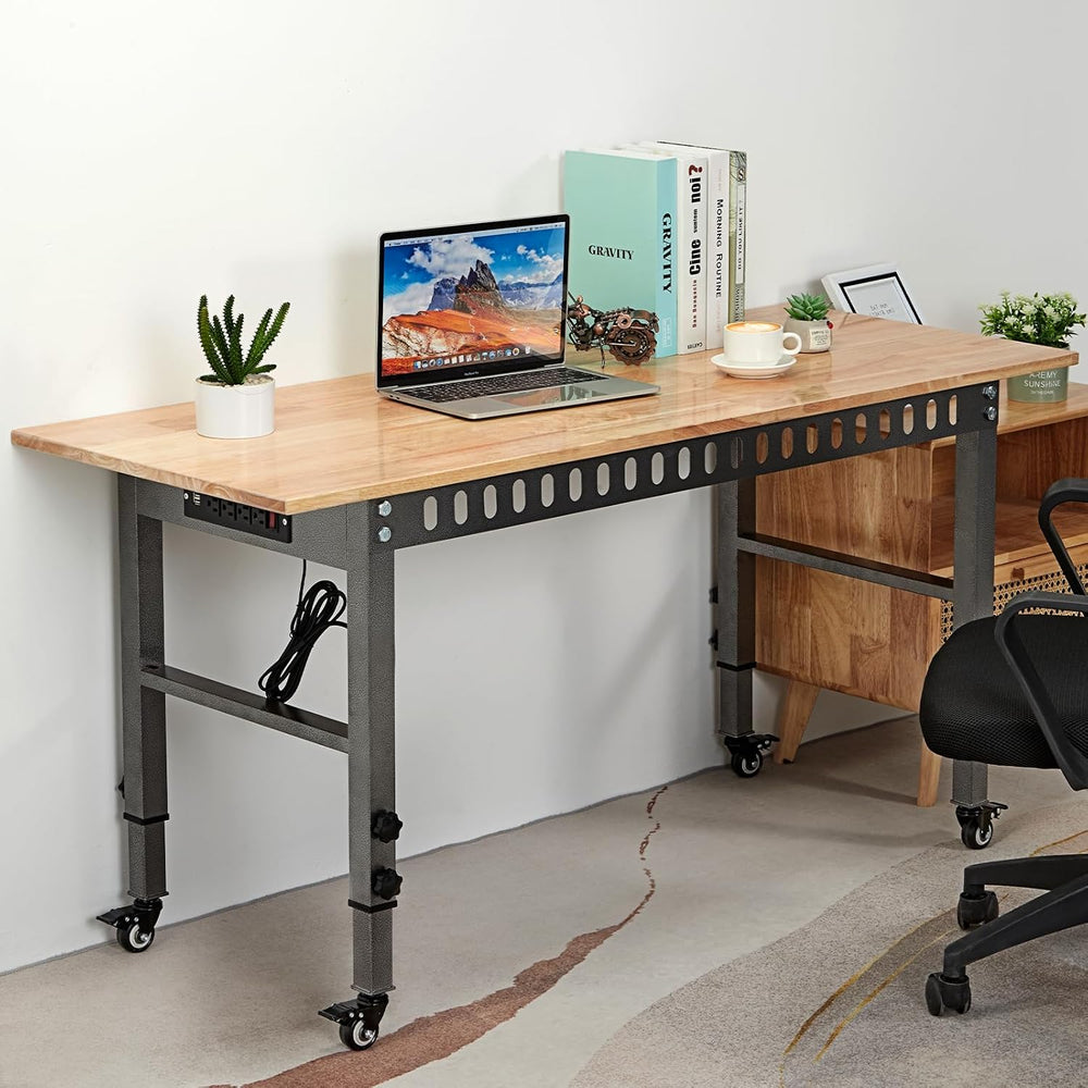OLBRUS 54.3" Adjustable Workbench with Power Outlet and Metal Wheels
