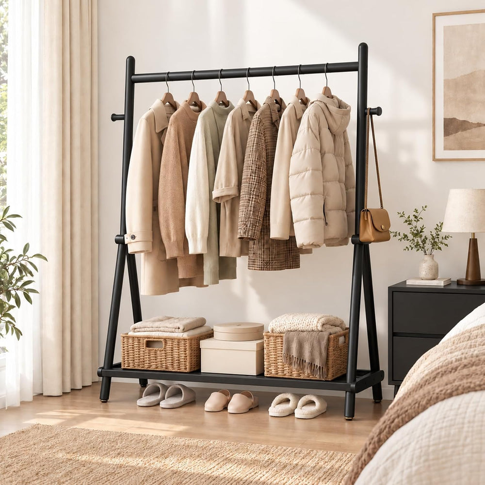 Solid Wood Coat Rack, Freestanding with Double Rods 2 Shelves