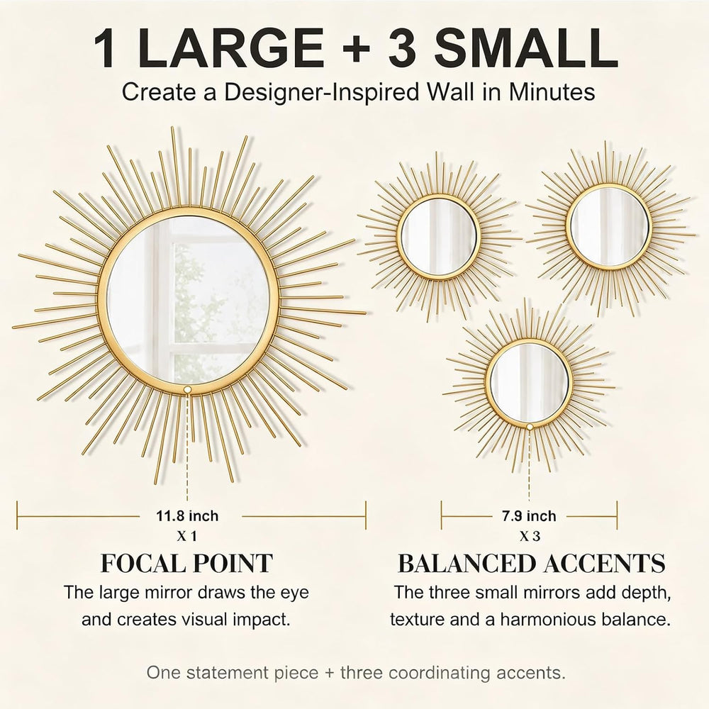 4 Pieces Gold Sunburst Wall Mirror Set Modern Metal Circles for Home Decor