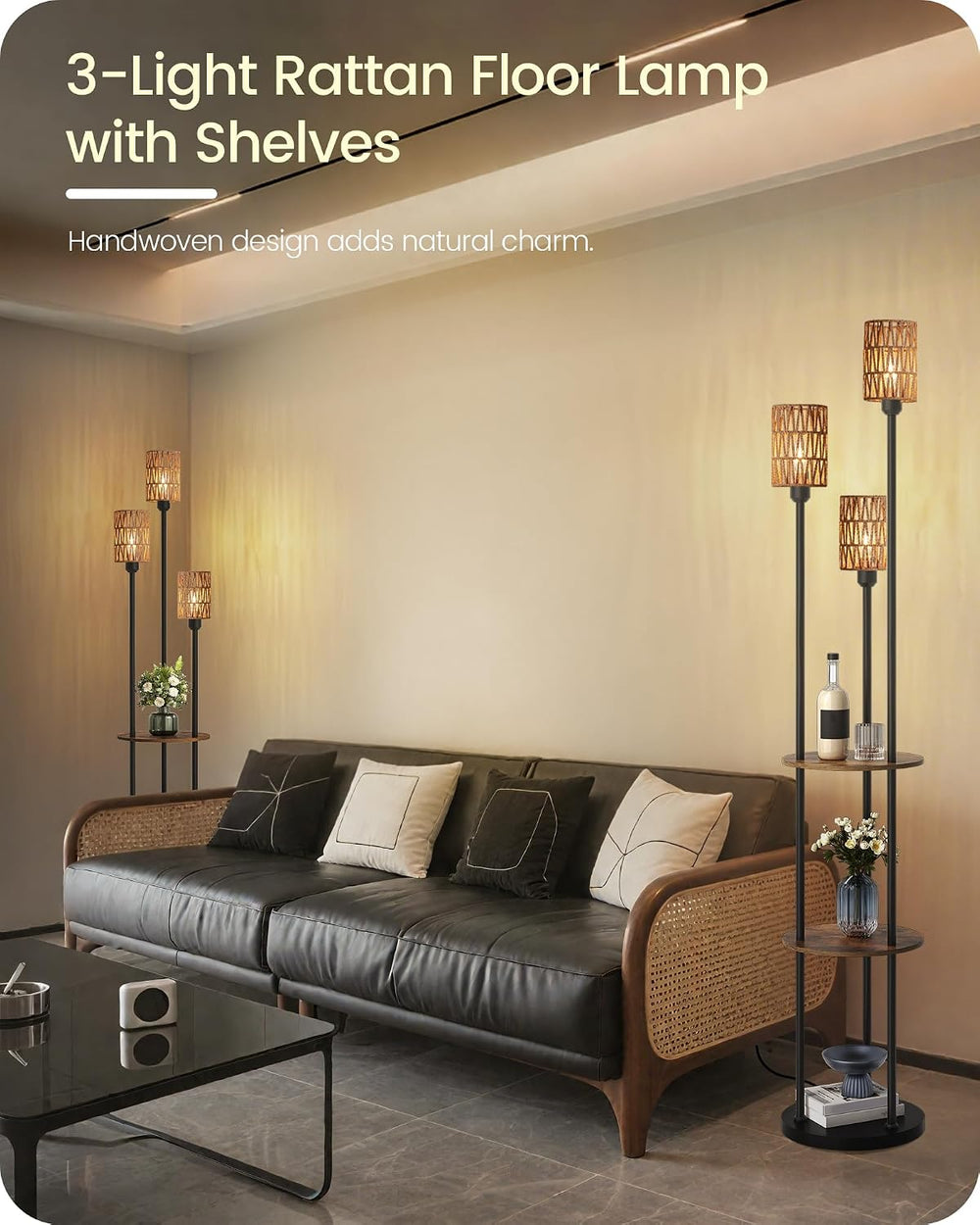 Floor Lamp with Shelves, Boho Floor Lamp with Foot Switch, 3-Light Standing L...