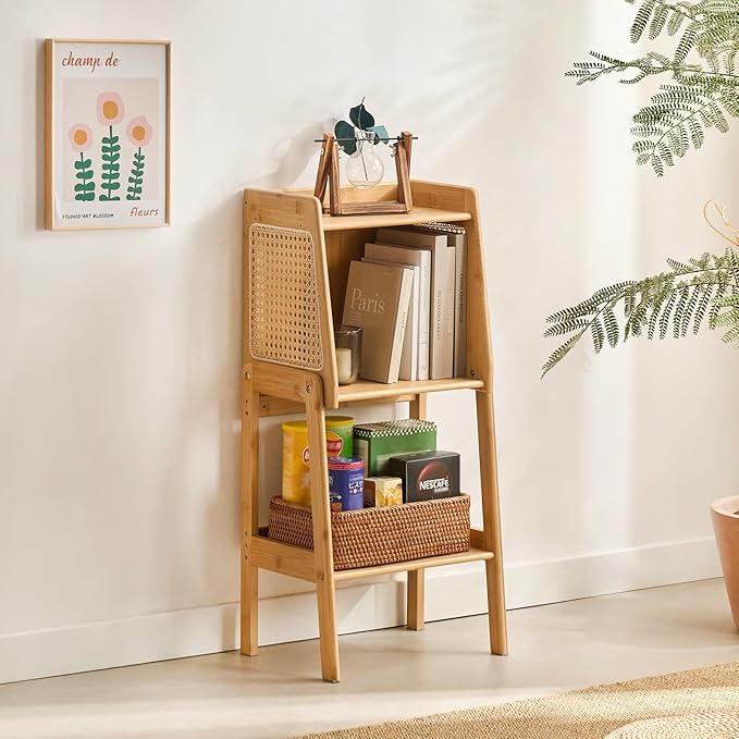 Welnow Bamboo Rattan Bookcase with Cabinet, 1-Tier Storage Shelf with Side Table & End Table Function, Large Modern Wood Organizer for Living Room or Bedroom, Natural Bookshelf