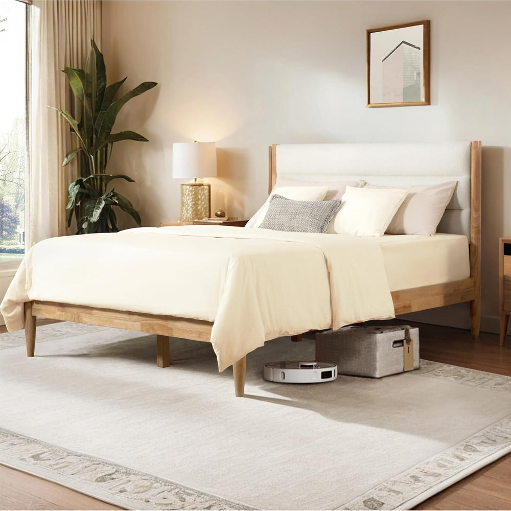 KISLOT Wood Bed Frame with Upholstered Headboard, Cream, King