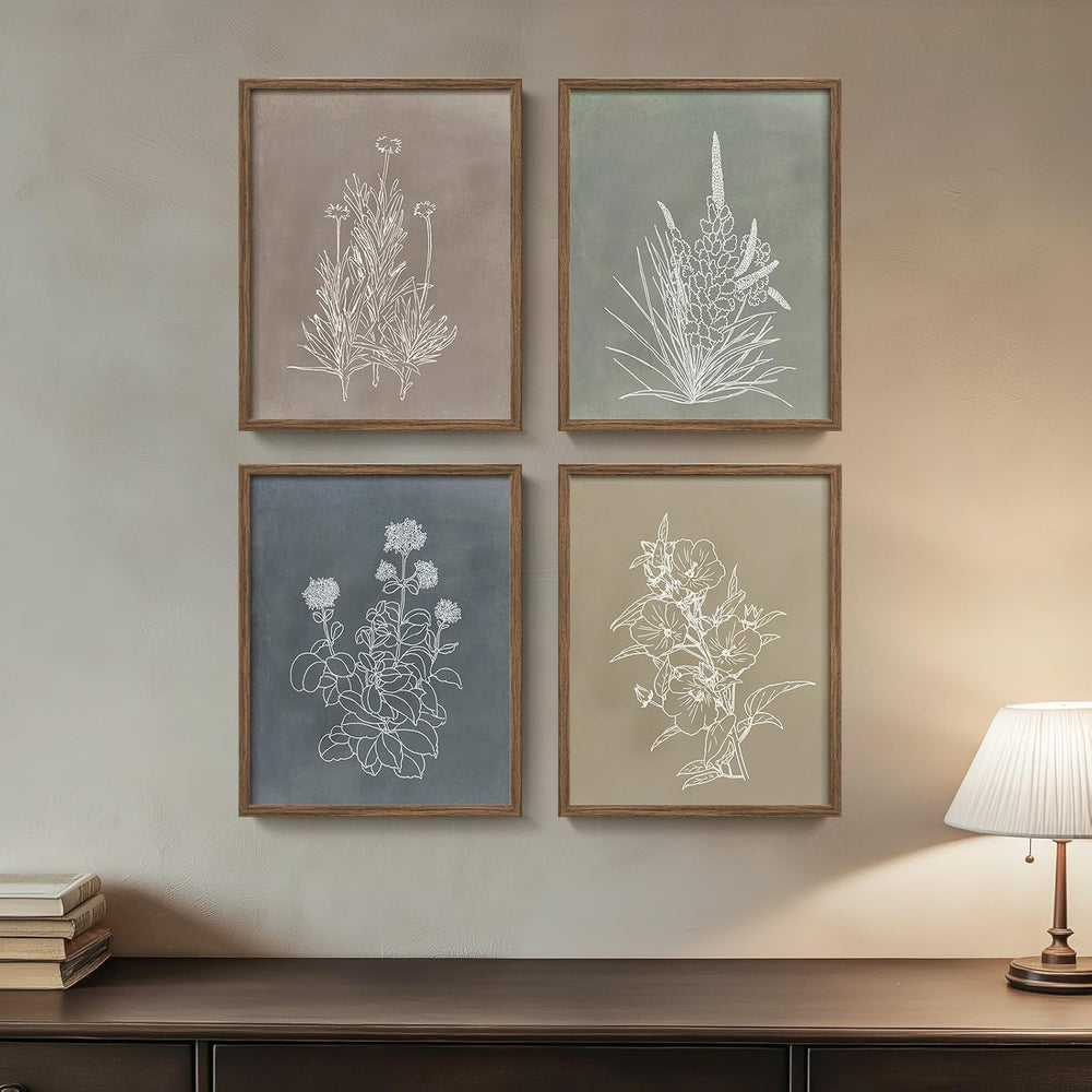 Framed Boho Neutral Botanical Floral Wall Art for Bathroom, 4 Piece 8x10 In