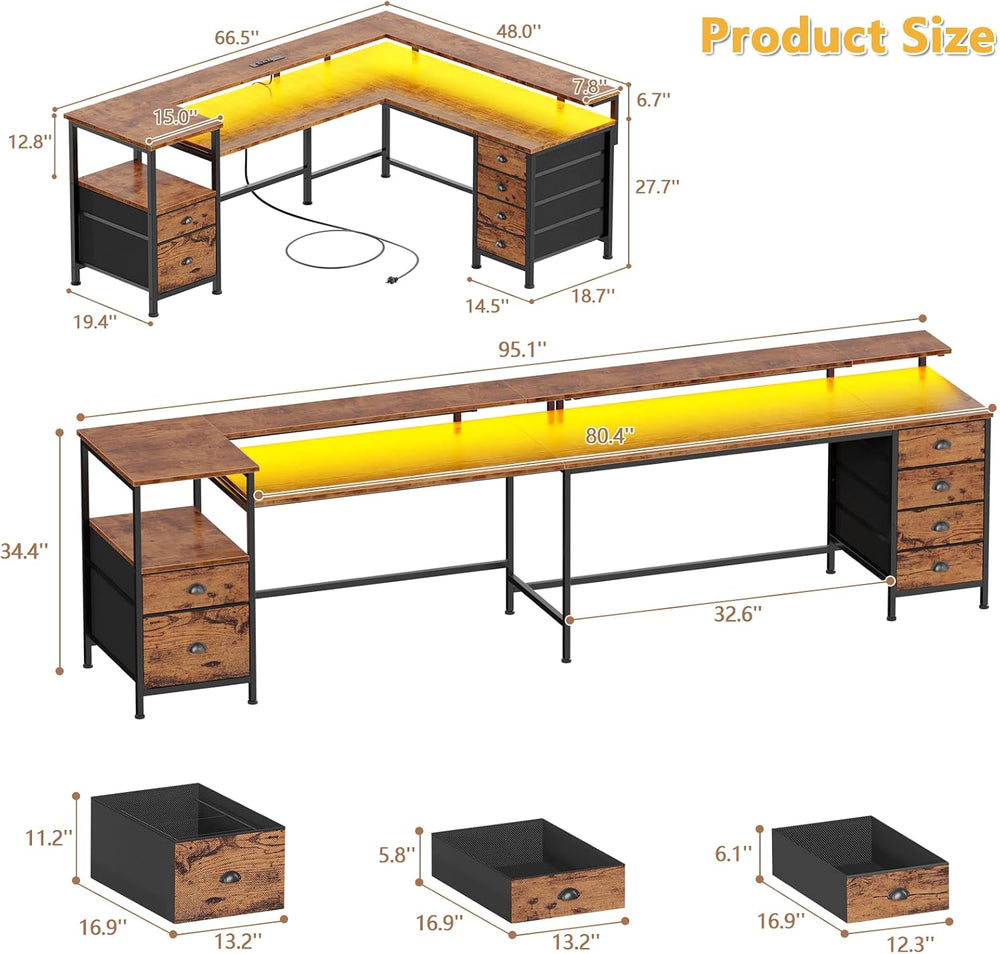 Furologee 95'' Two Person Computer Desk with 6 Drawers, LED, Rustic B...