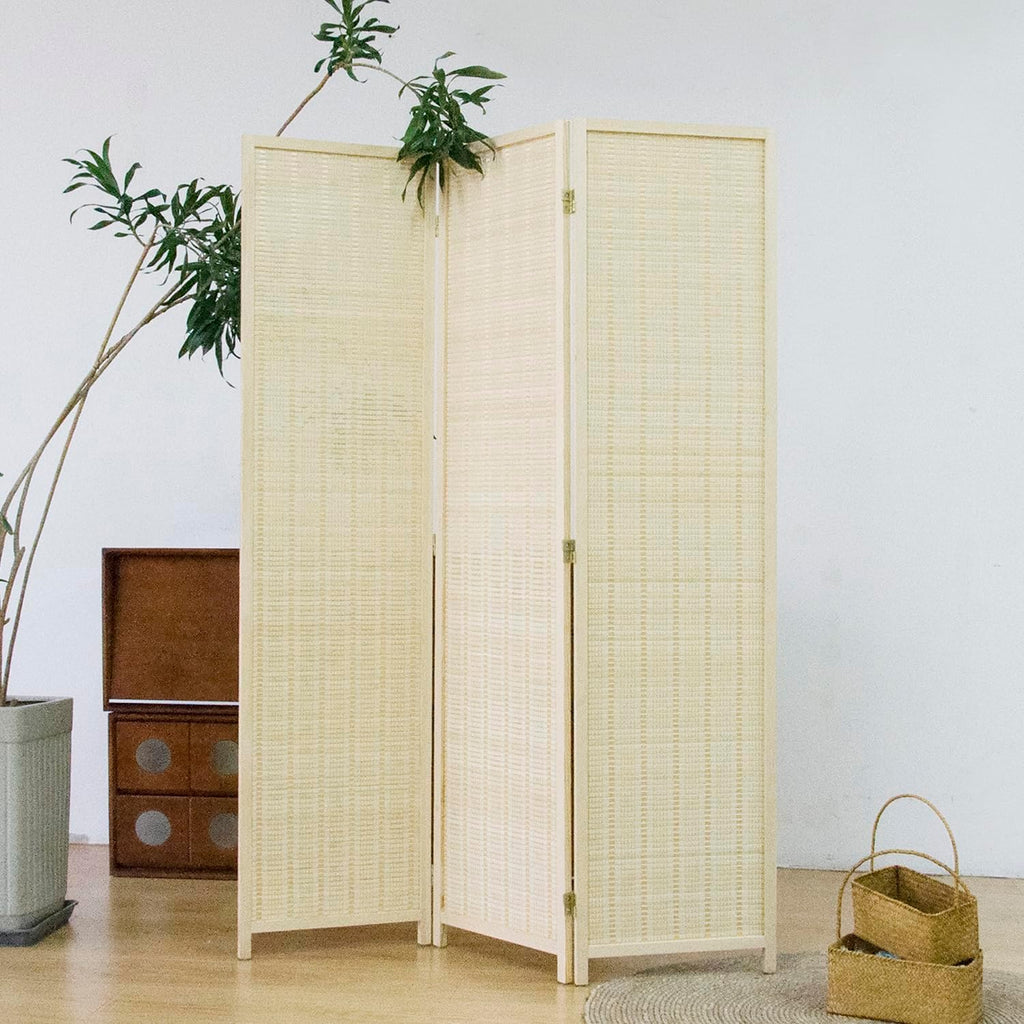 Furnnylane 3 Panel Room Divider and Folding Panel Screen,Bamboo Panel Divider Screen for Room Separation,Beige,67" H x 46" W