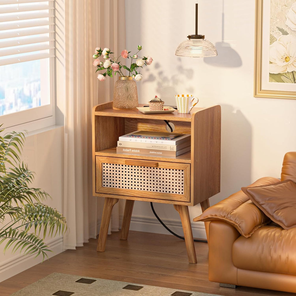 Lerliuo Rattan Nightstand with Charging Station, Side Table with Drawer