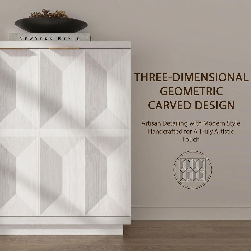 Yechen 59" W Sideboard Buffet Cabinet with 3D Geometric Doors, White Oak