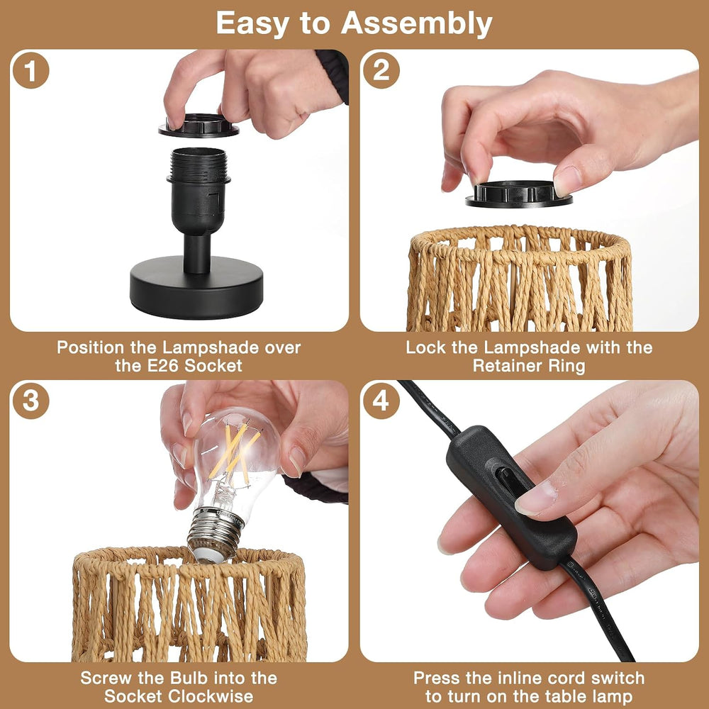 Table Lamps Set of 2 (Rattan Rope Shade - Black Base, 9" Inline Control)