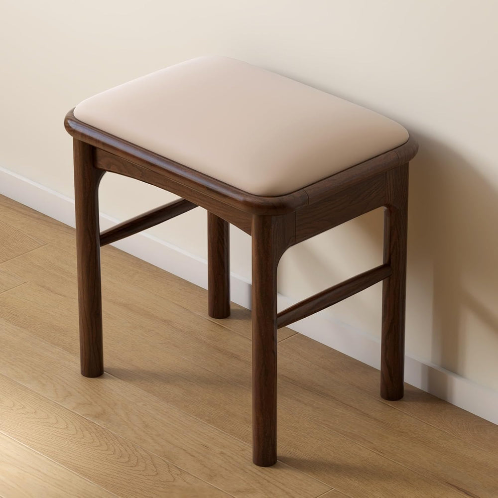 Upholstered Stool with Solid Wood Leg, Leather Padded Dining Ottoman Walnut F...