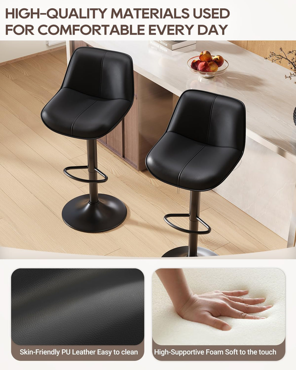 Bar Stools Set of 4, Adjustable Swivel Faux Leather Barstools 26-34inch with ...