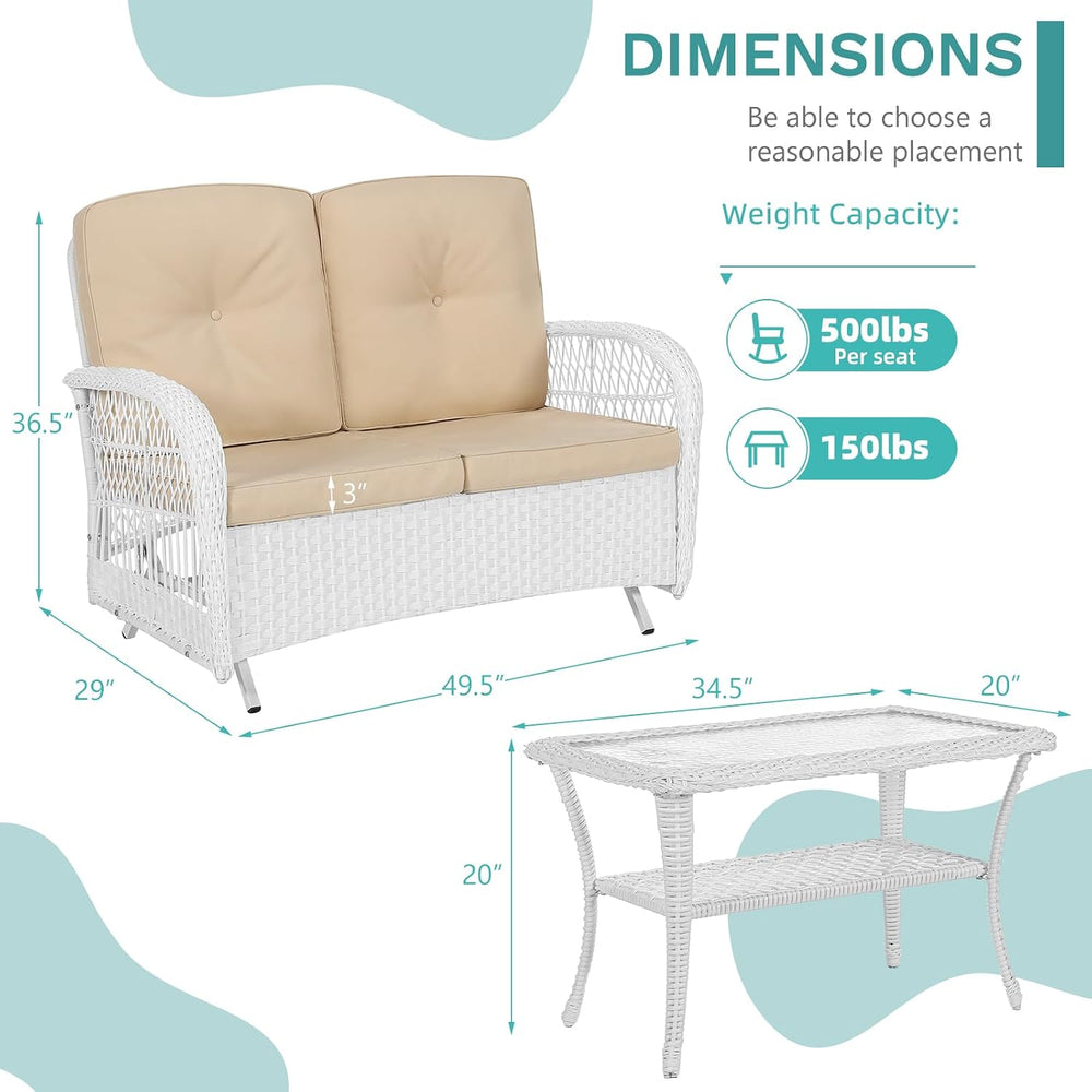 MEETWARM Outdoor Wicker Patio Glider Set, Loveseat for 2 Person Porch Furnitu...