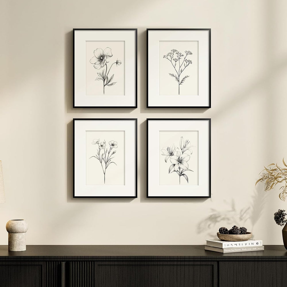 Framed Black and White Botanical Wall Art for Bathroom, 4 Piece 8x10 In