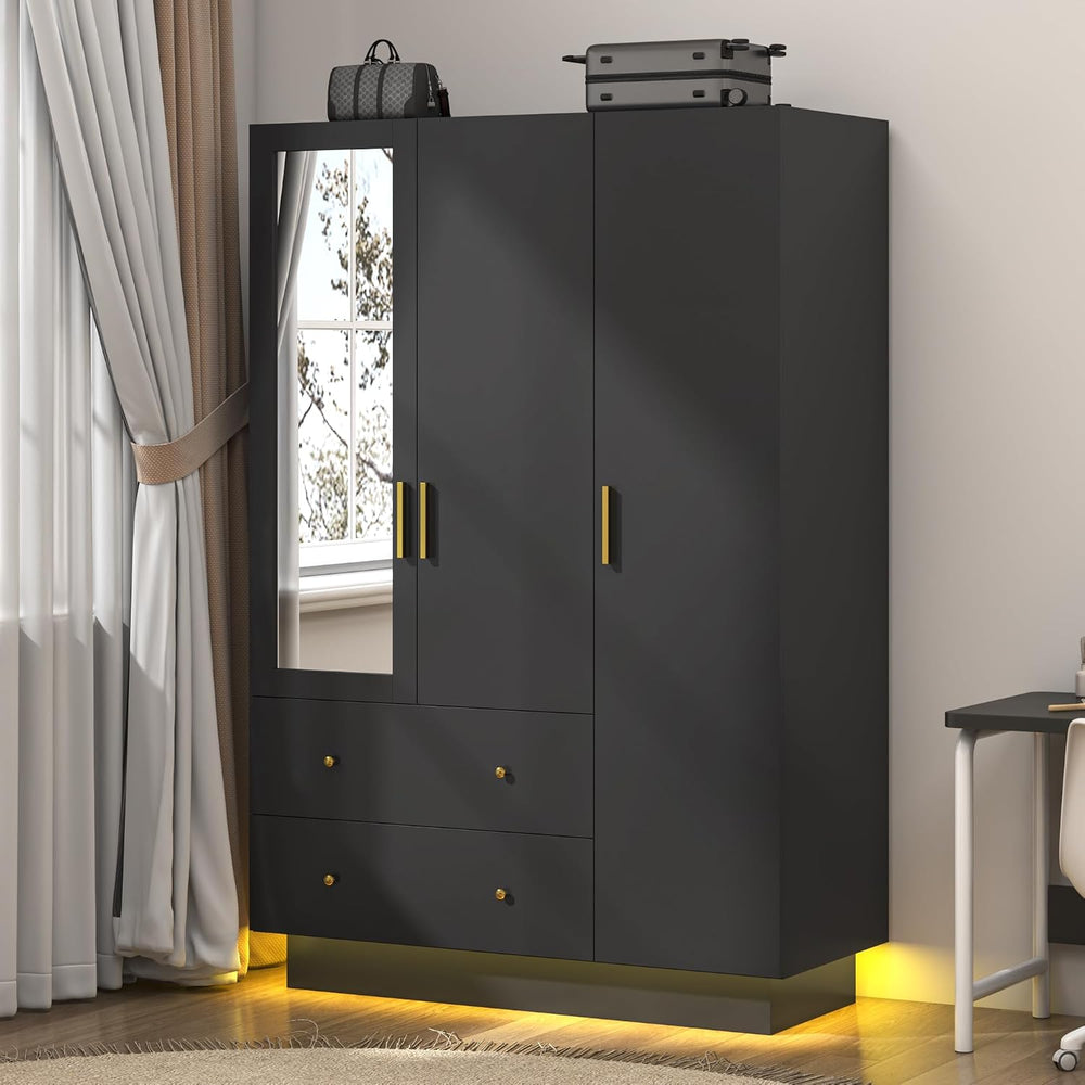 jiteentarou 3 Door Wardrobe Closet with Mirror and LED Lights, Bedroom Armoir...