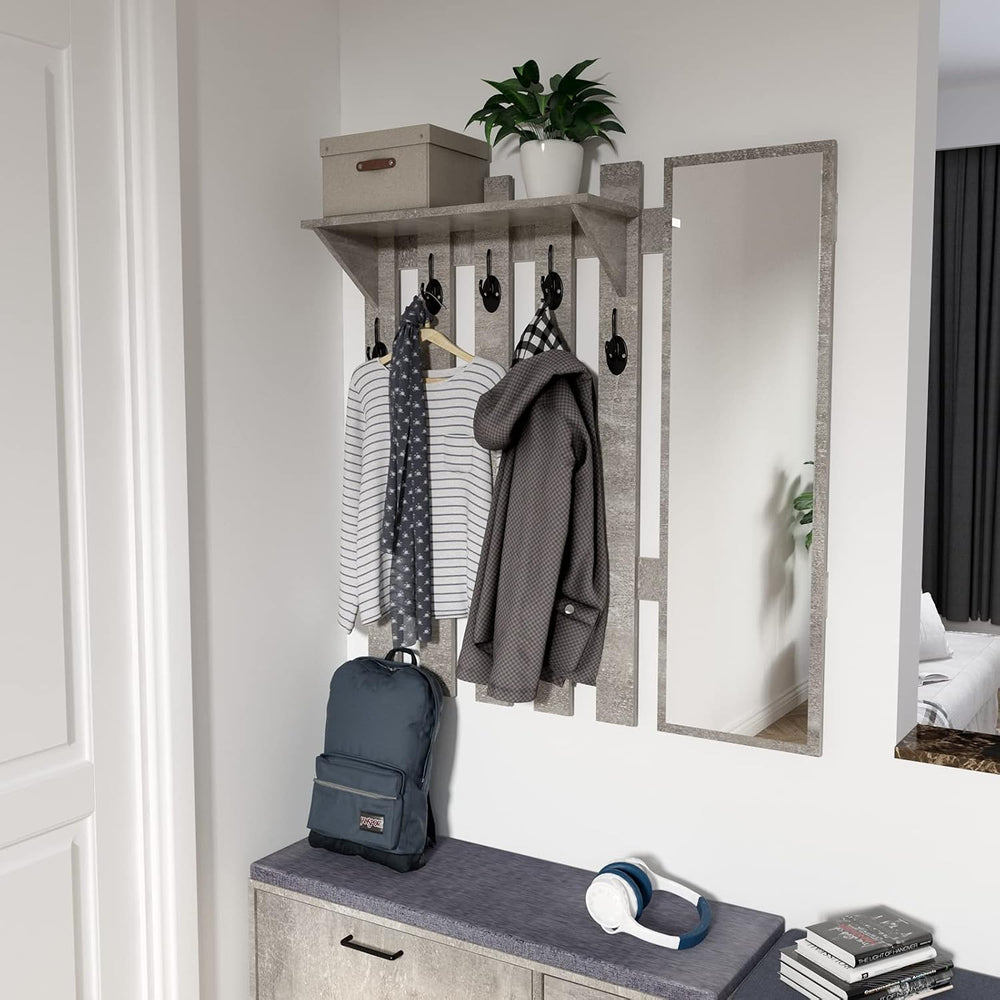 39.4" Coat Rack Wall Mount with Mirror, Wall Shelf with 5 Hooks and Stor...