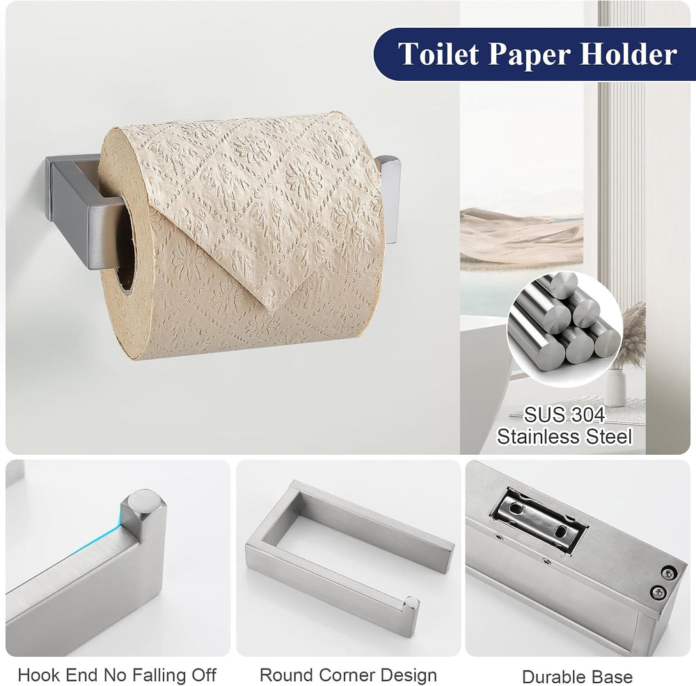 Brushed Nickel Bathroom Accessories, Toilet Paper Holder, Towel Bar & Hook