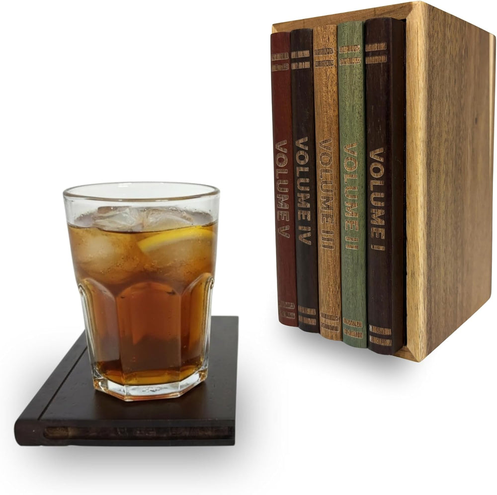 The Coaster Library | 100% Acacia Wood | Set of 5 Book-Style Decorative Drink...