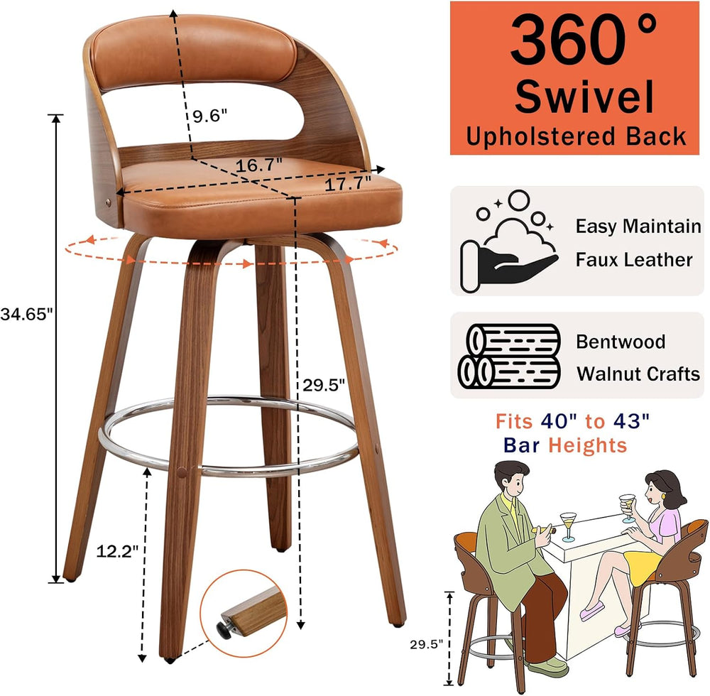 WUPOTO Mid Century Modern Upholstered Bar Stools with Walnut Bentwood Frame