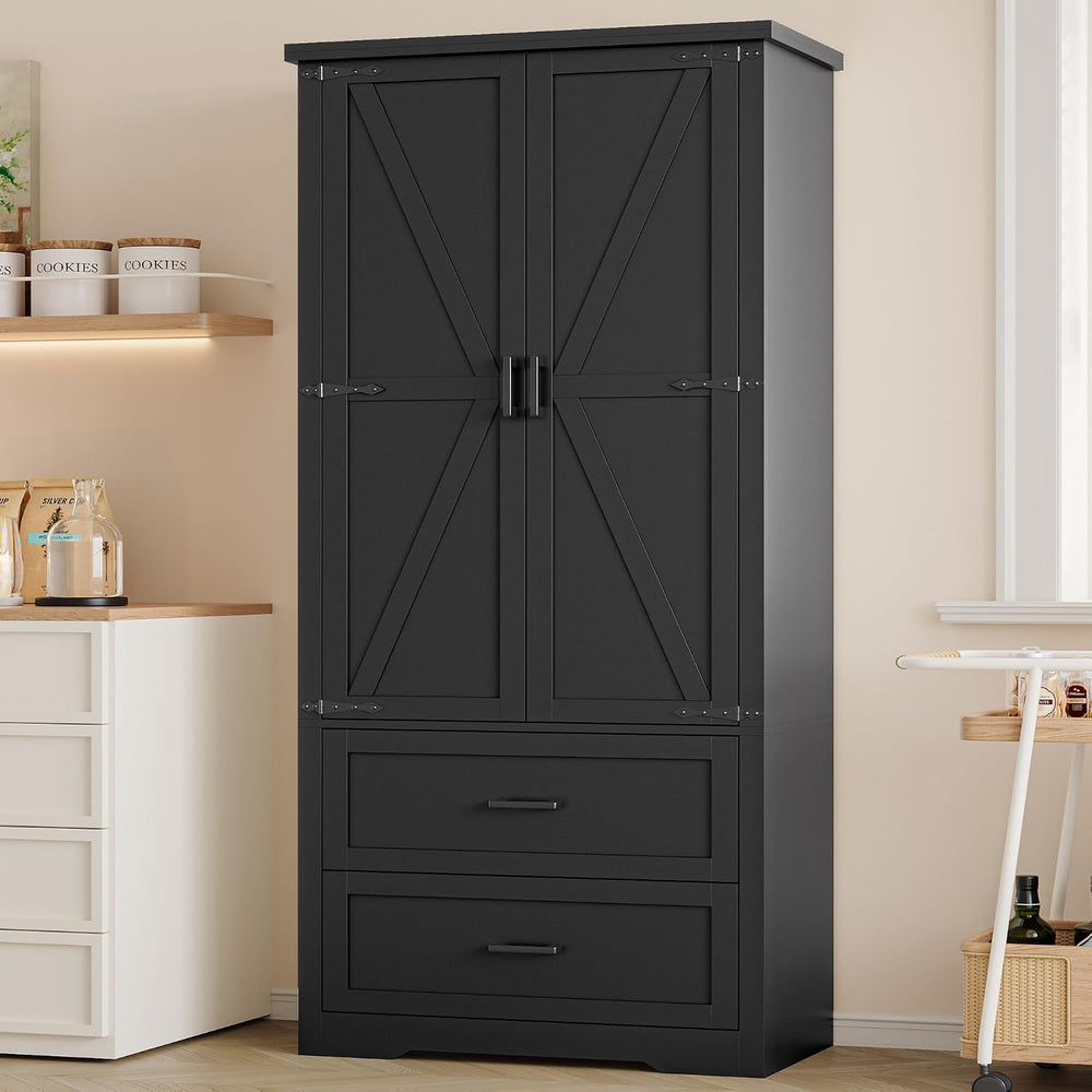 BORNOON Pantry Organizers and Storage Cabinet, 71” Barn Door Black Kitchen Ca...