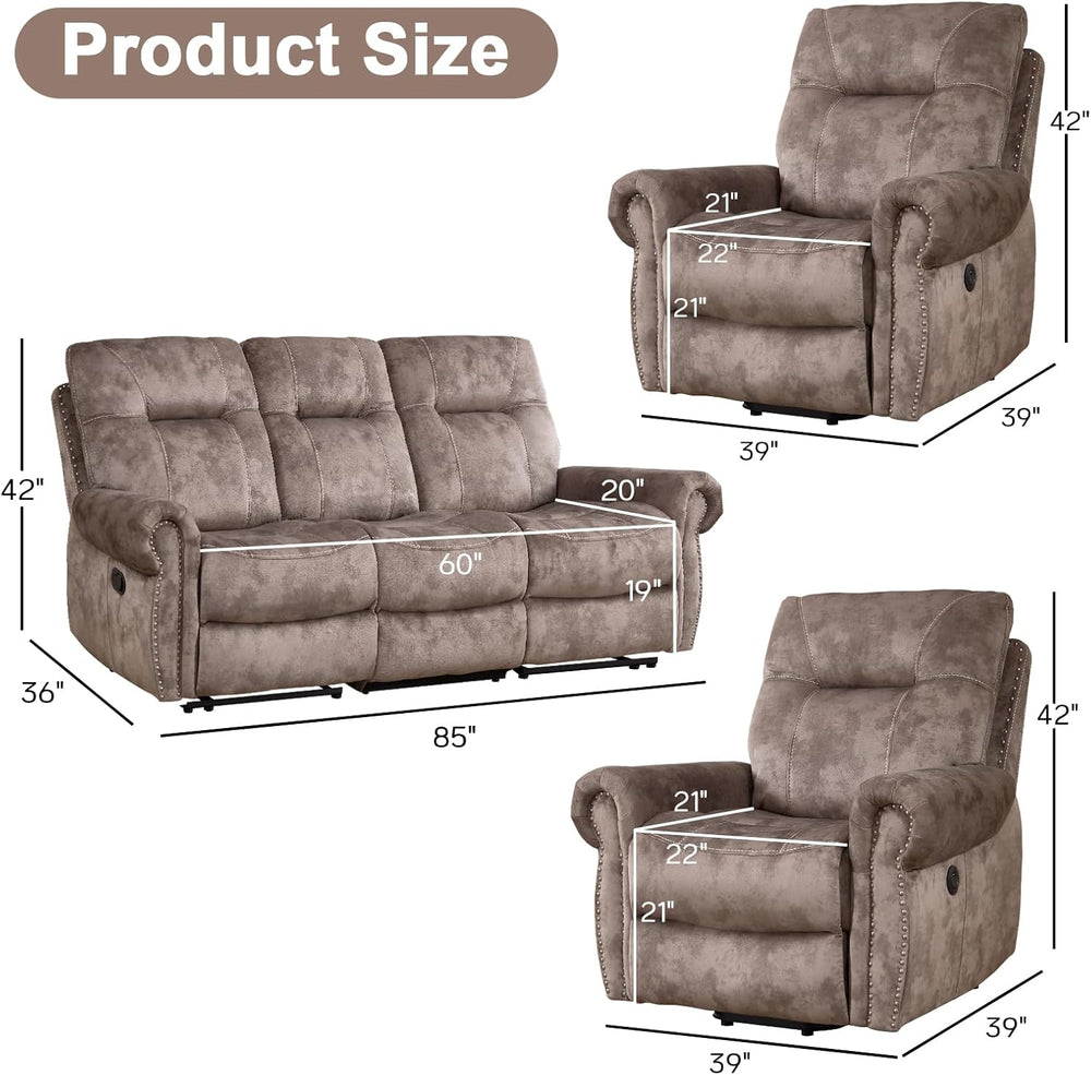 EBELLO 3 Pieces Reclining Couch Furniture Set for Living Room, Double 1 Seat ...
