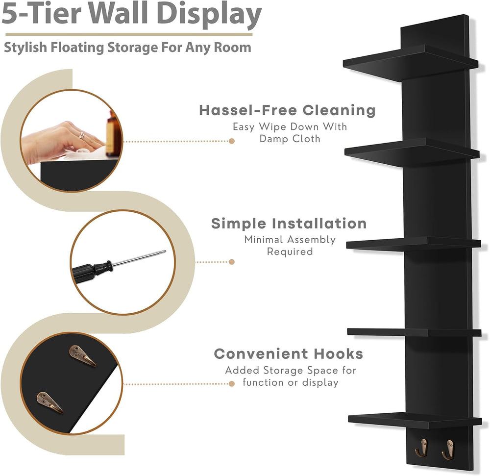Sorbus 5-Tier Floating Wall Shelf with Hooks, 31 Inch (1 Pack, Black)