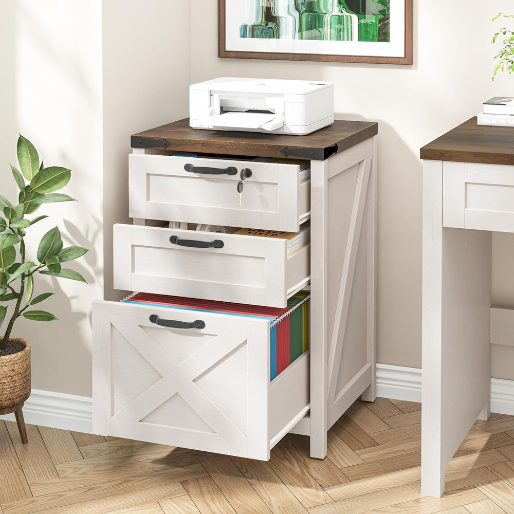Farmhouse 3 Drawers File Cabinet with Lock for Home Office, Rustic White