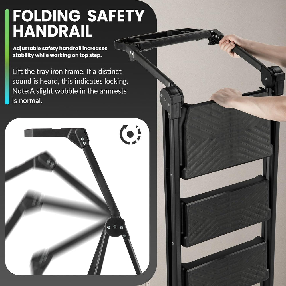 XinSunho 3 Step Stool, Heavy Duty Steel with Foldable Handrail & Tool Tray
