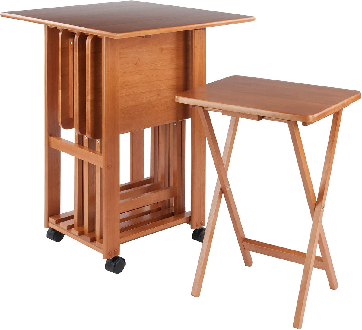 Winsome Sophia Set of 4 Foldable Snack Tables with Storage Rack, Teak