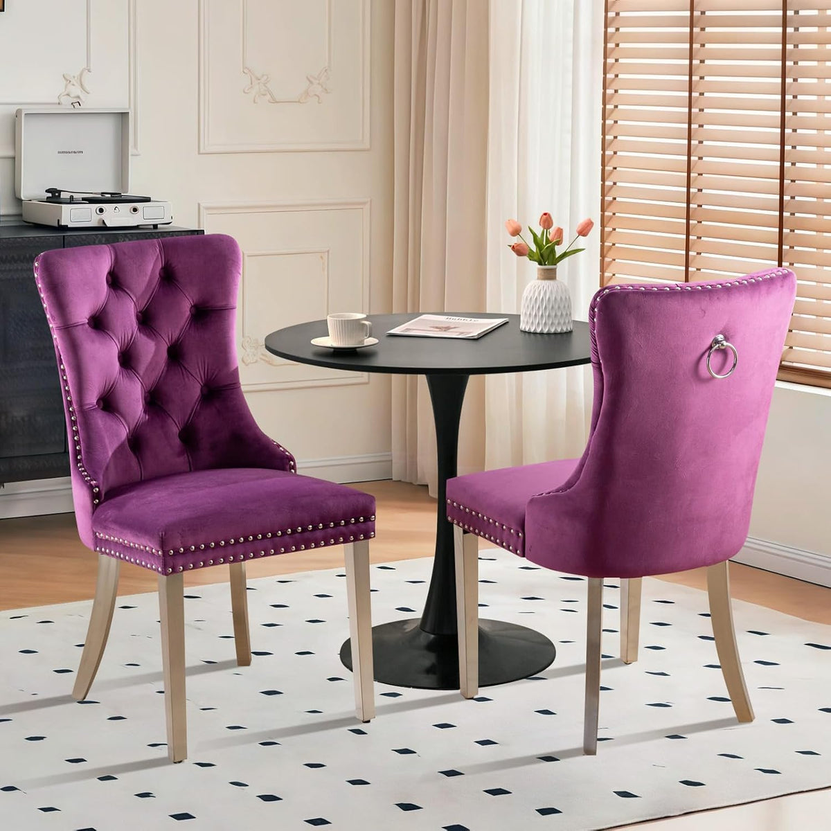 3-Pieces Dining Sets, 31.5" Round Dining Table with 2 Velvet Upholstered Dining Chairs,Silver Plated Legs Design for Kitchen Dining Room Apartment(1 Black Table with 2 Purple Chairs)