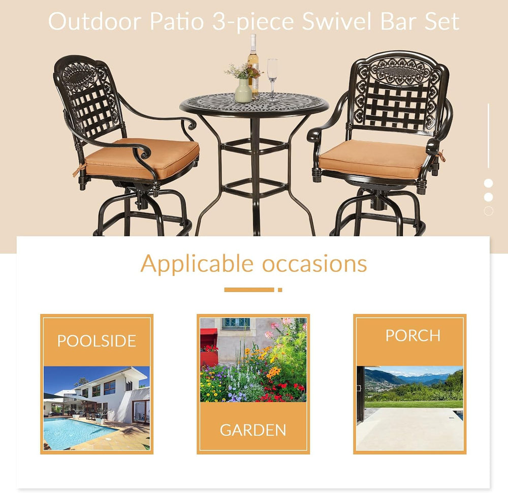 3-Piece Patio Swivel Bar Set, High Top Bar Table & Chairs, All-Weather Ca...