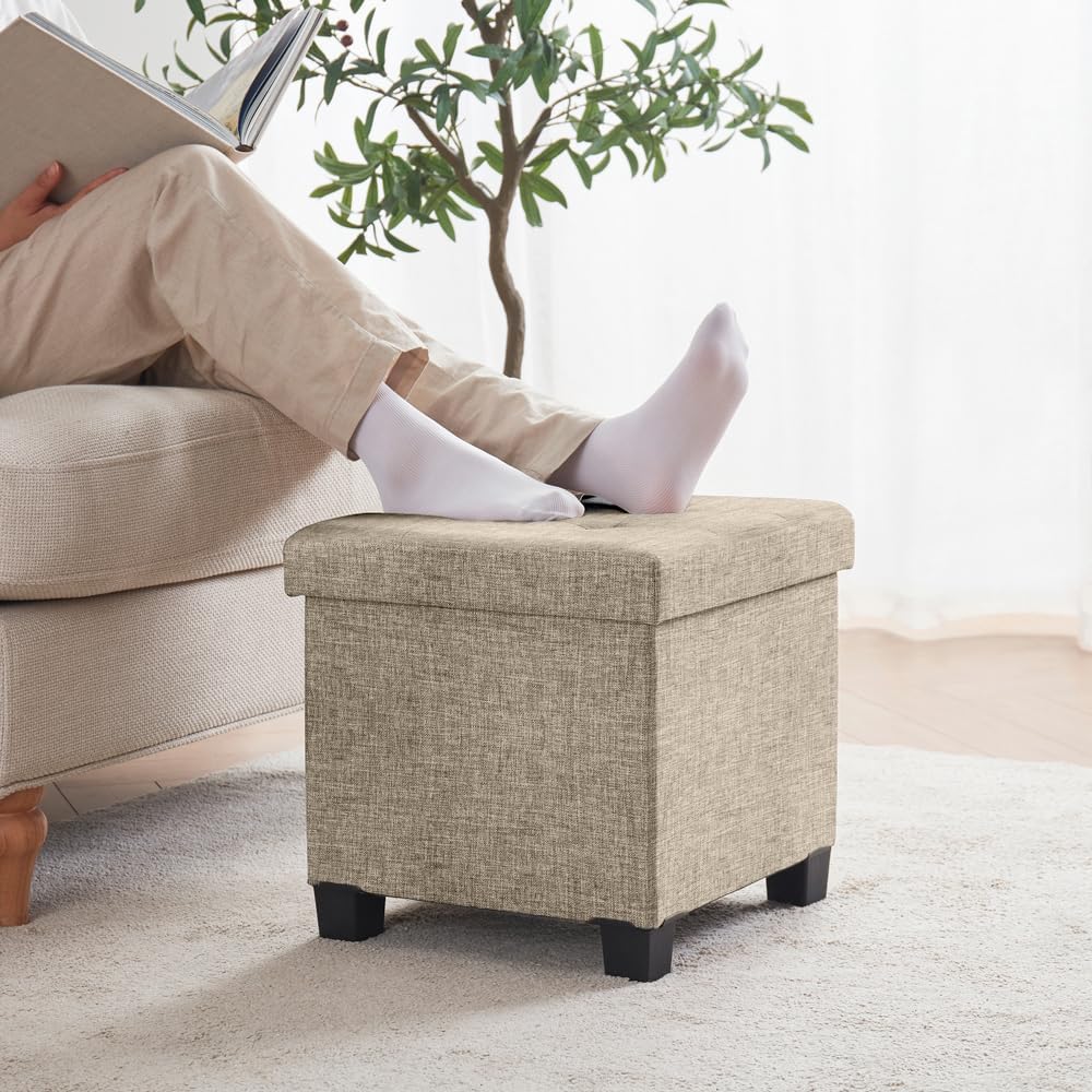 Ornavo Home 15" Square Folding Storage Ottoman Cube with Legs, Taupe