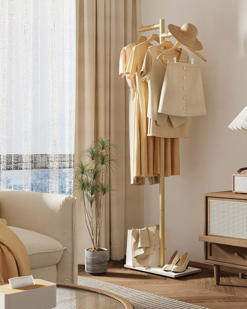 Modern Garment Rack,Z-Shaped Coat Stand with Rock Base,68.9in,Gold