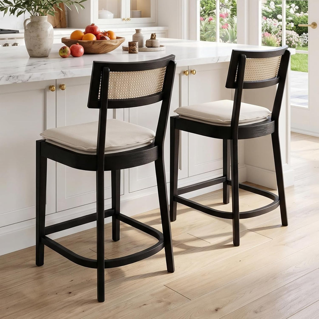 Rattan Counter Height Bar Stools Set of 2, 26" Wooden Bar Stools