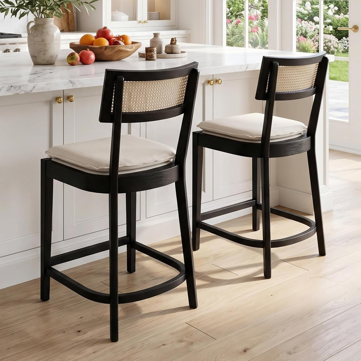 Rattan Counter Height Bar Stools Set of 2, 26" Wooden Bar Stools