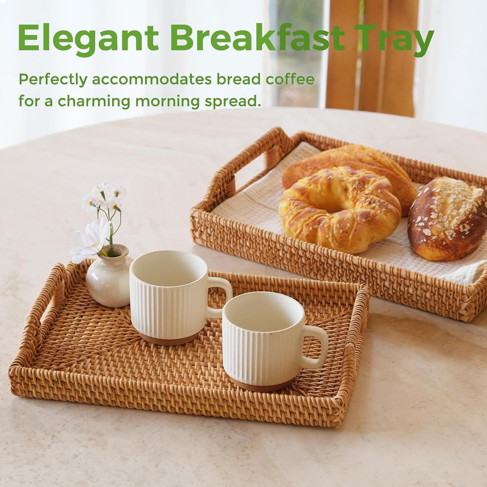 Rattan Serving Tray, Rectangle Woven Wicker Tray for Breakfast