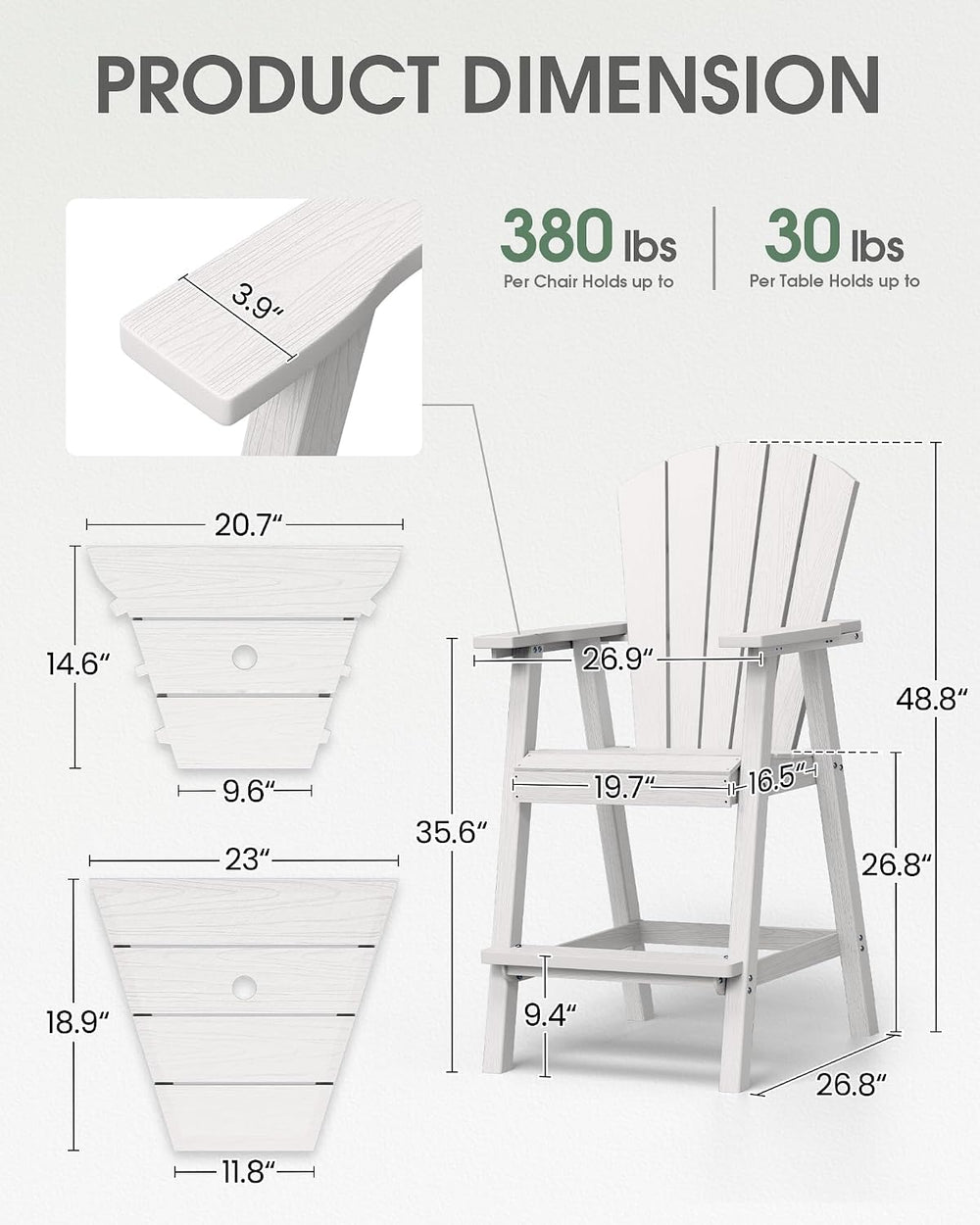 Tall Adirondack Chairs Set of 2 with Double Connecting Trays, White