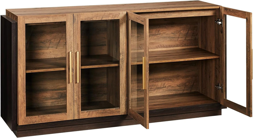 LUXOAK 64" Sideboard Buffet Cabinet with Glass Doors & LED Lights, Brown