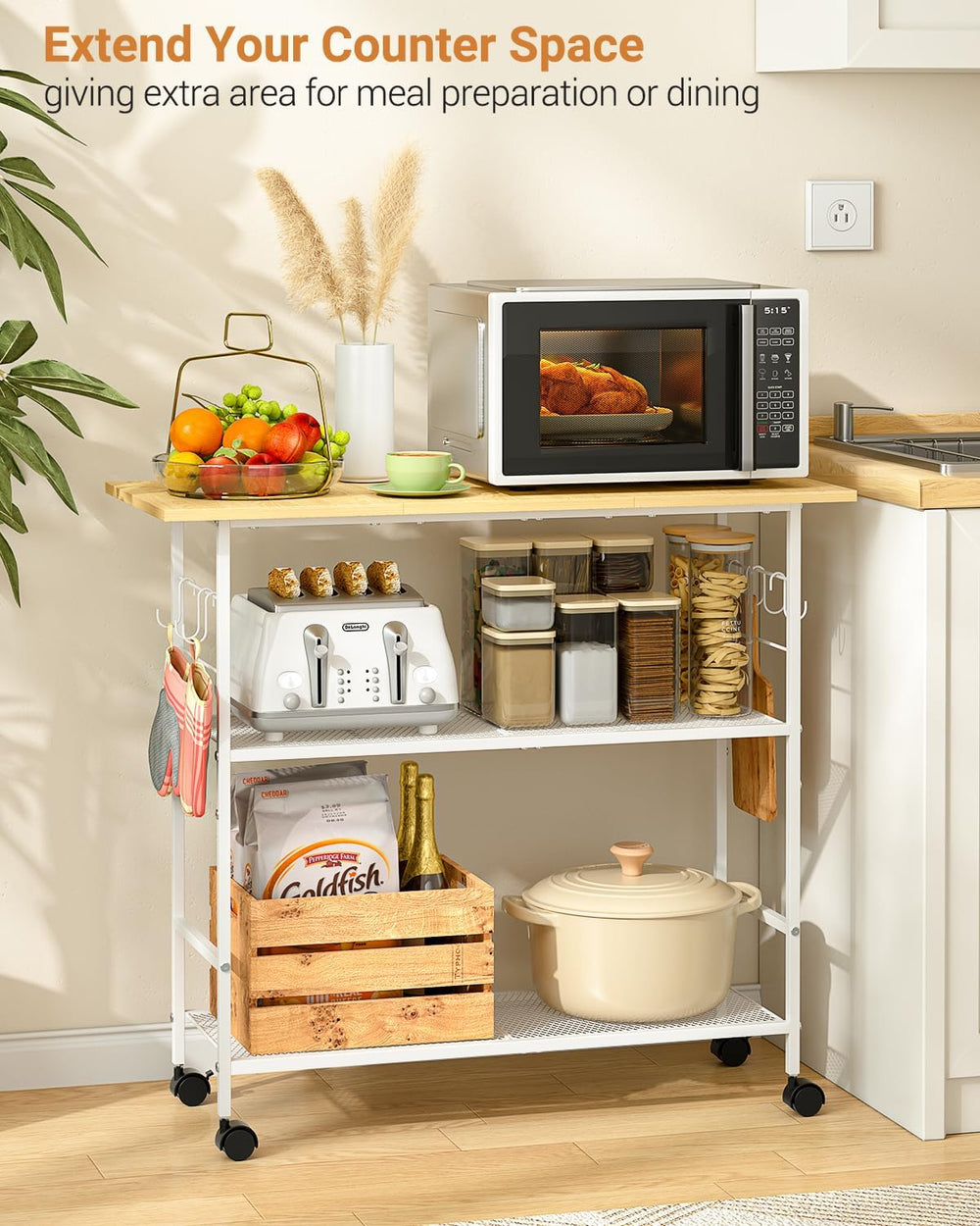 Kitchen Island with 3 Shelves, Rolling Kitchen Cart with 6 Hooks and Protecti...