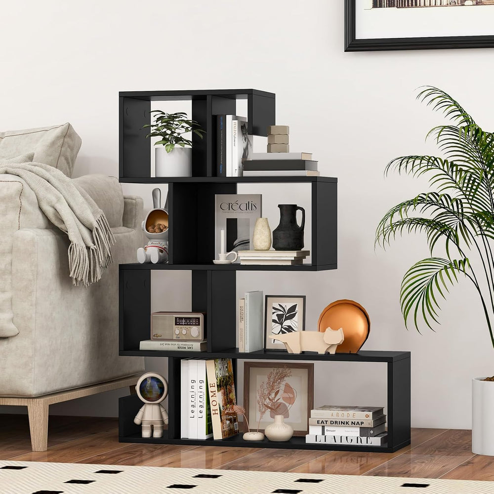 GIANTEX 5-Tier Geometric Bookshelf, S-Shaped Bookcase w/Open Cubes, Black