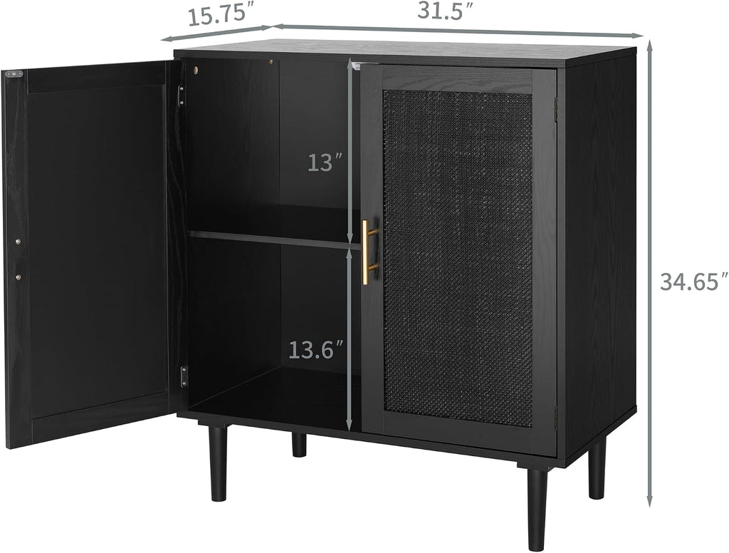 Finnhomy Sideboard Buffet Kitchen Storage Cabinet with Black Painted Rattan Decorated Doors, Dining Room, Hallway, Cupboard Console Table, Liquor/Accent Cabinet, 31.5X 15.8X 34.6 Inches, Black
