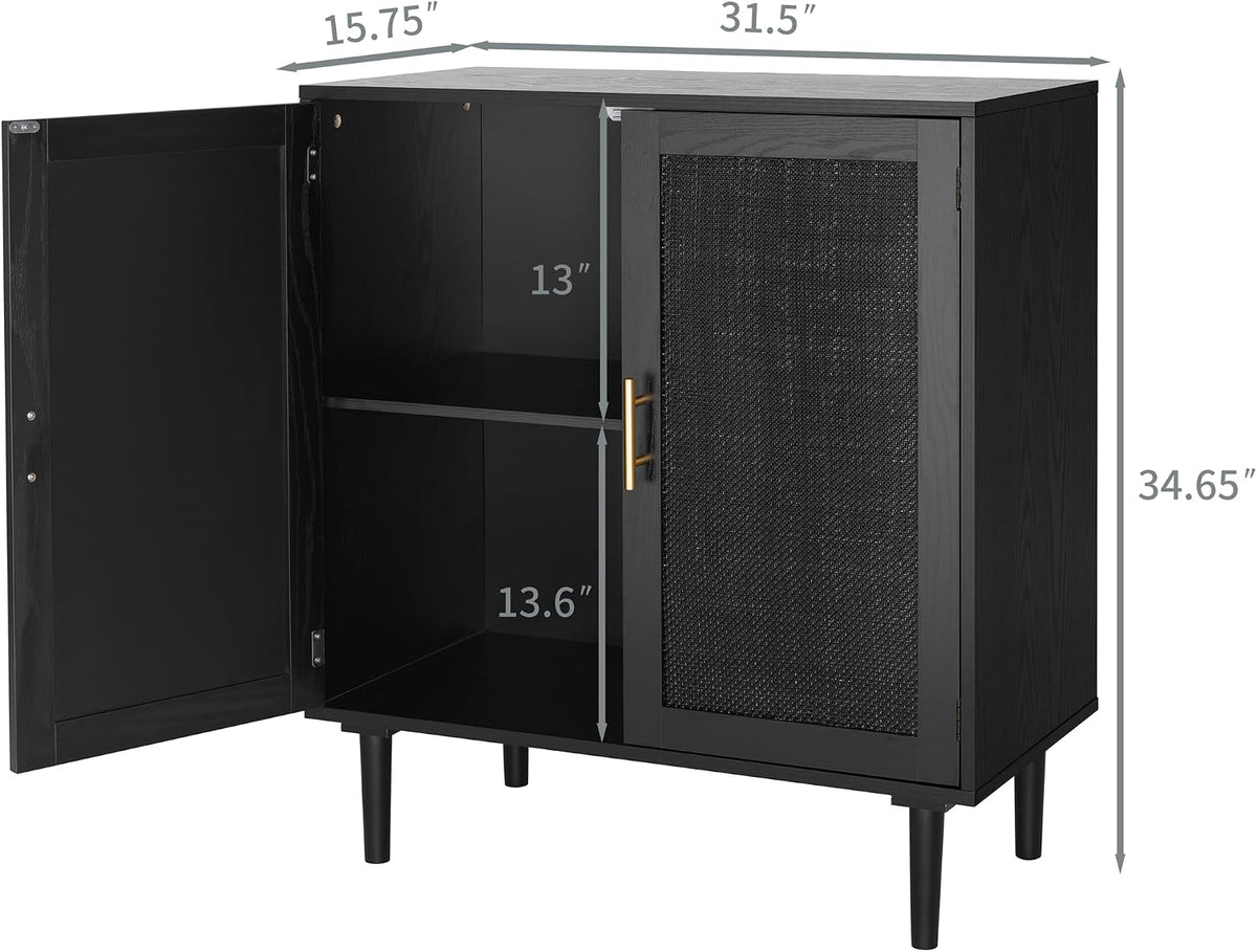 Finnhomy Sideboard Buffet Kitchen Storage Cabinet with Black Painted Rattan Decorated Doors, Dining Room, Hallway, Cupboard Console Table, Liquor/Accent Cabinet, 31.5X 15.8X 34.6 Inches, Black