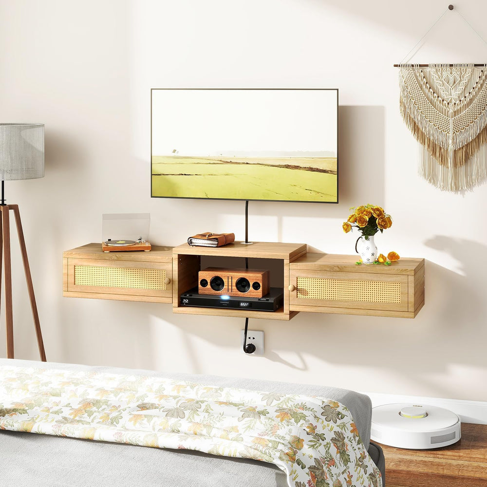 IBUYKE Modern Rattan Floating TV Stand with Doors,Wall Mounted TV Shelf for T...