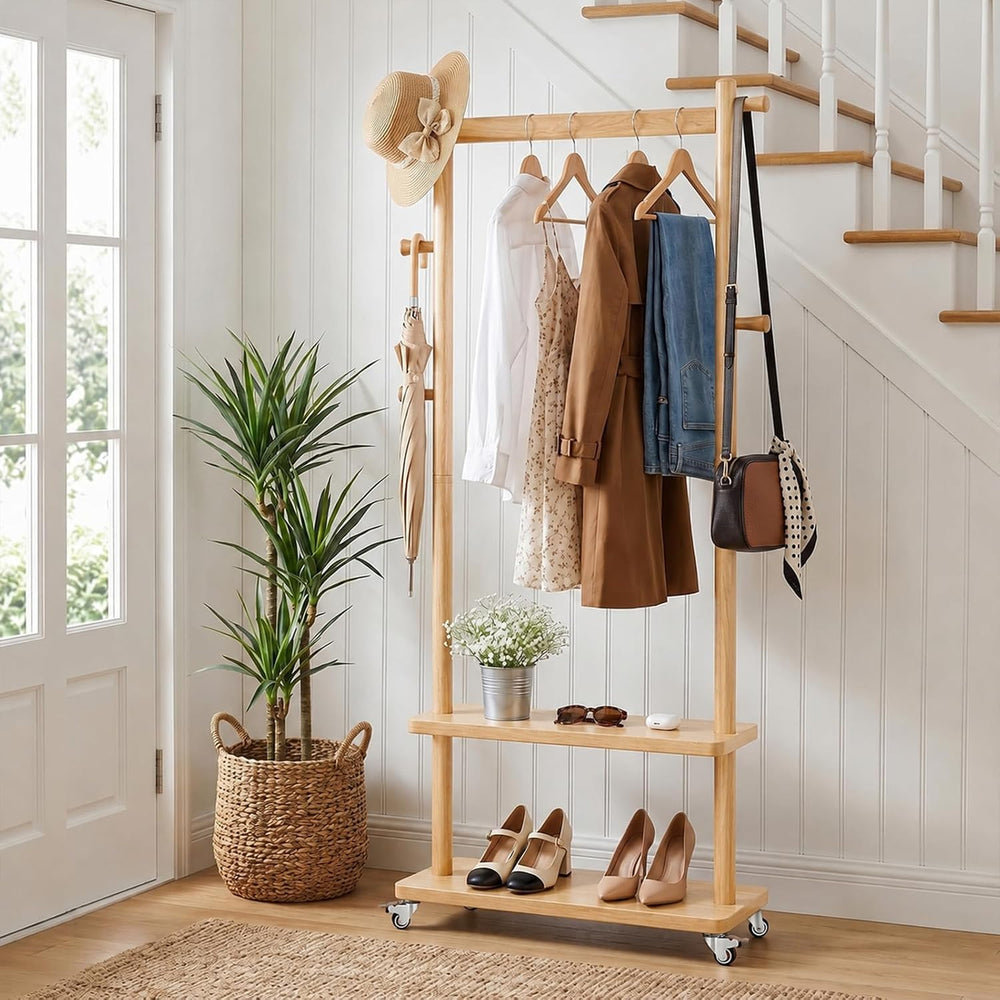 Taitiy Coat Rack Freestanding Solid Wood Clothes Rack with Wheels