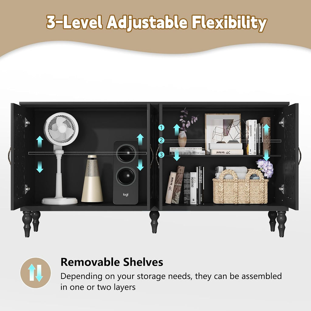 ARTPOWER 61.8" Hollow Carved Accent Cabinet with 4 Doors for Living Room