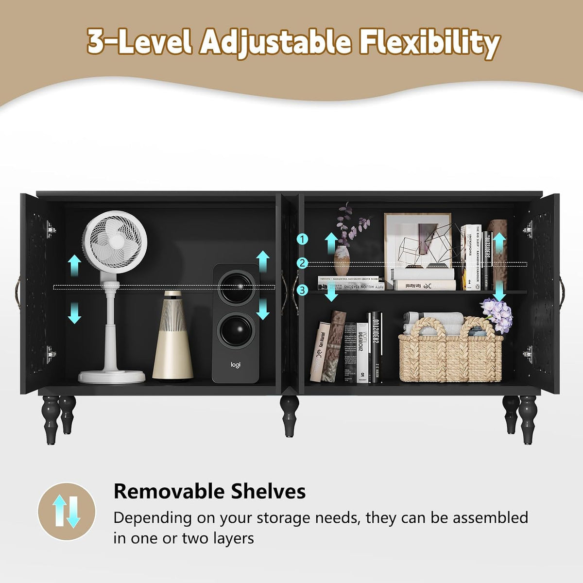 ARTPOWER 61.8" Hollow Carved Accent Cabinet with 4 Doors for Living Room