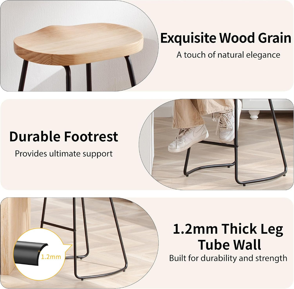 HeuGah 26" Wood Bar Stools Set of 4, Rustic Backless Saddle Counter Stools